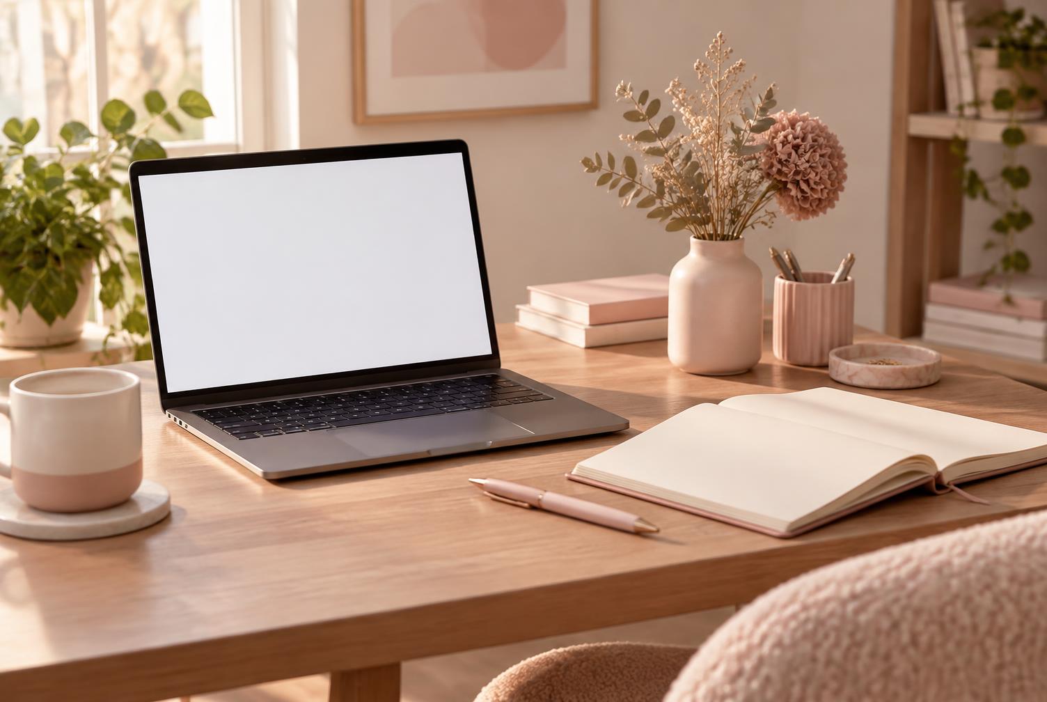 Mesa de estudo com notebook, caderno de planejamento e flores secas